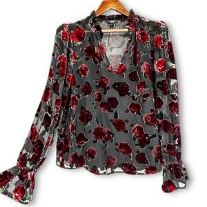 PAIGE Laurin Silk Velvet Burnout Sheer Floral Top Sz L Puff Bell Sleeve Lined